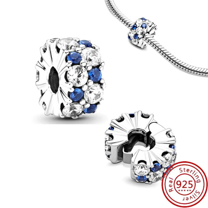 Sterling Silver Blue Zircon Feather Crown Moon Pendant Charm Bracelet Beads Y048 3mm-4mm