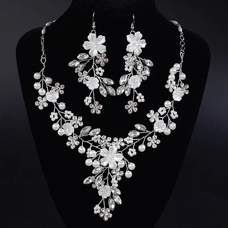 Wedding Elegance Rhinestone & Pearl Jewelry Set - Dangle Earrings & Adjustable Necklace for Women