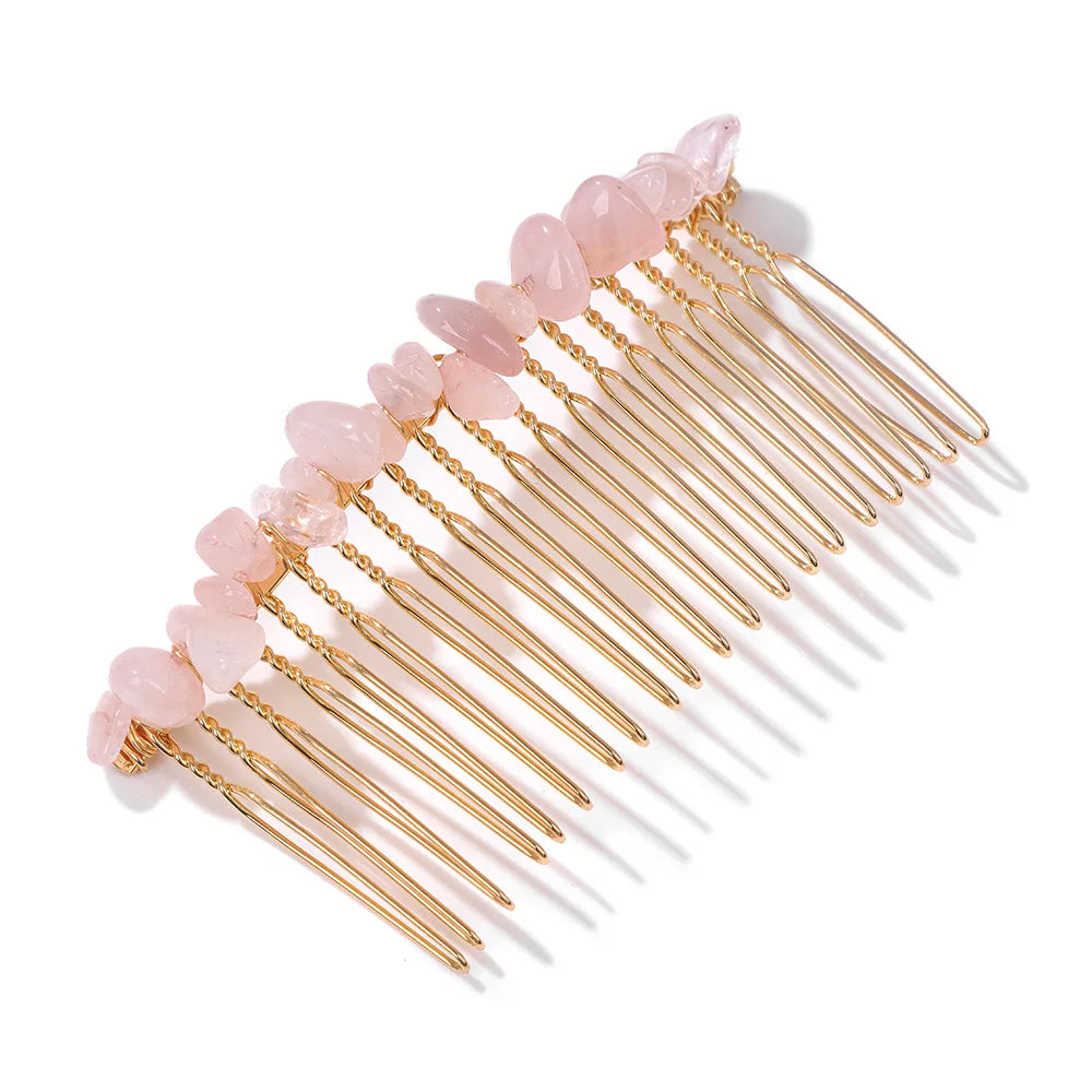 Crystal Bliss Hair Combs - Healing Quartz Stone Hair Accessories for Weddings & Special Occasions Rose Pink Quartz