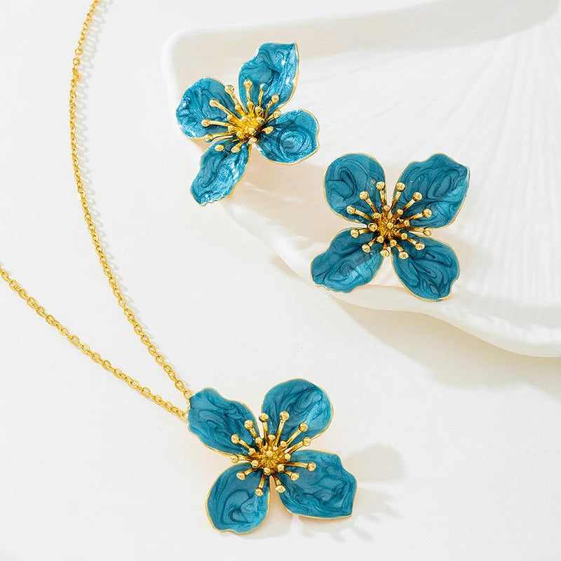 Trendy Blue Enamel Floral Petal Necklace And Earring Set