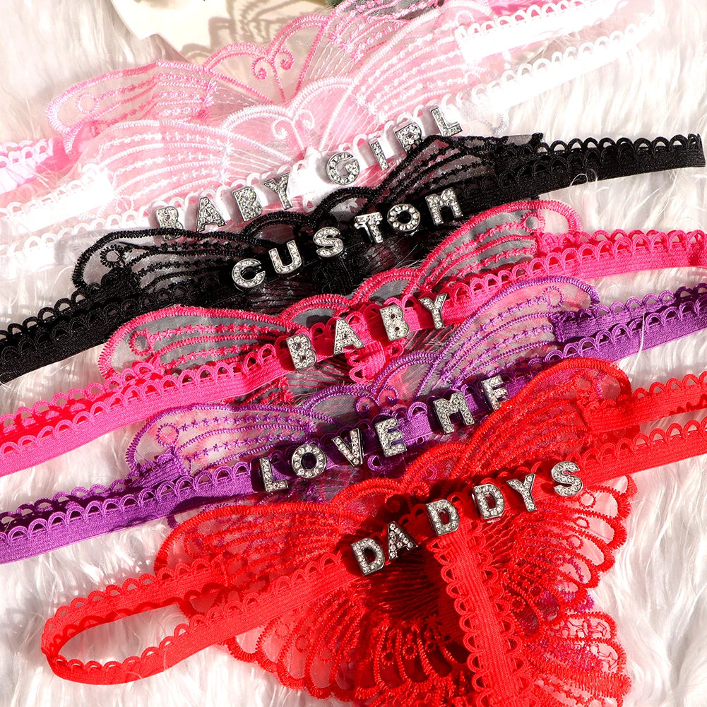 Personalized Butterfly Name Thong Set - Sexy Transparent G-String Lingerie for Women