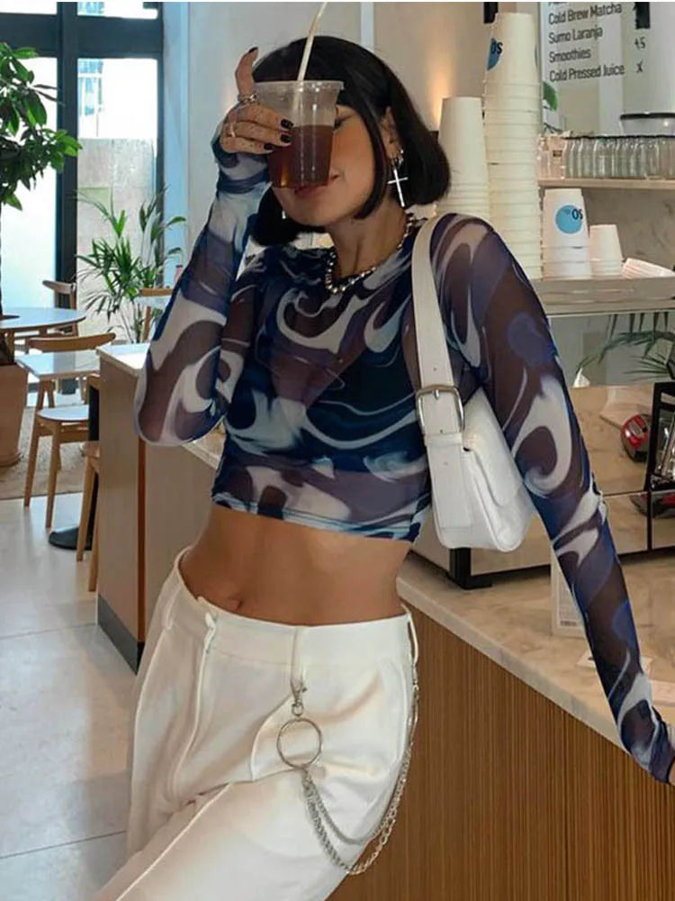 Mesh Crop Tops Women Harajuku Y2K Round Neck Sheer Print