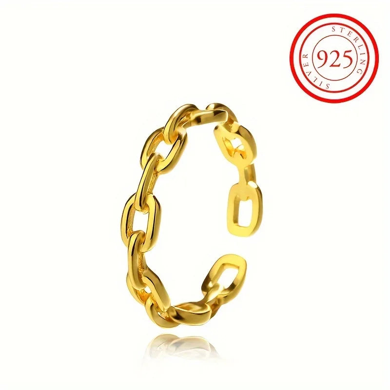 Trendy Unisex 18k Gold Plated 925 Sterling Silver Chain Cuff Ring for Daily Wear