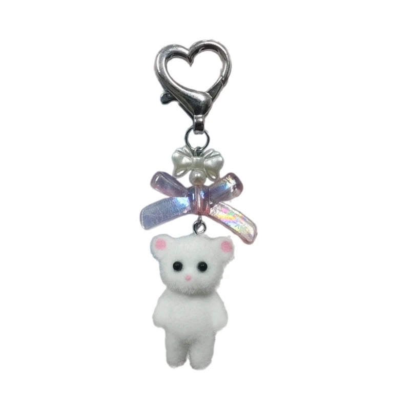 Charming Animal Flocking Keychain with Bowknot Pendant for Women