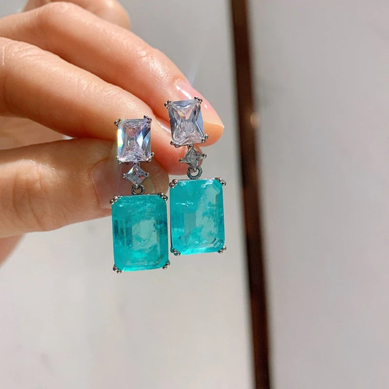 Huitan Elegant Blue Cubic Zirconia Dangle Earrings for Women - Trendy Wedding Party Luxury Jewelry