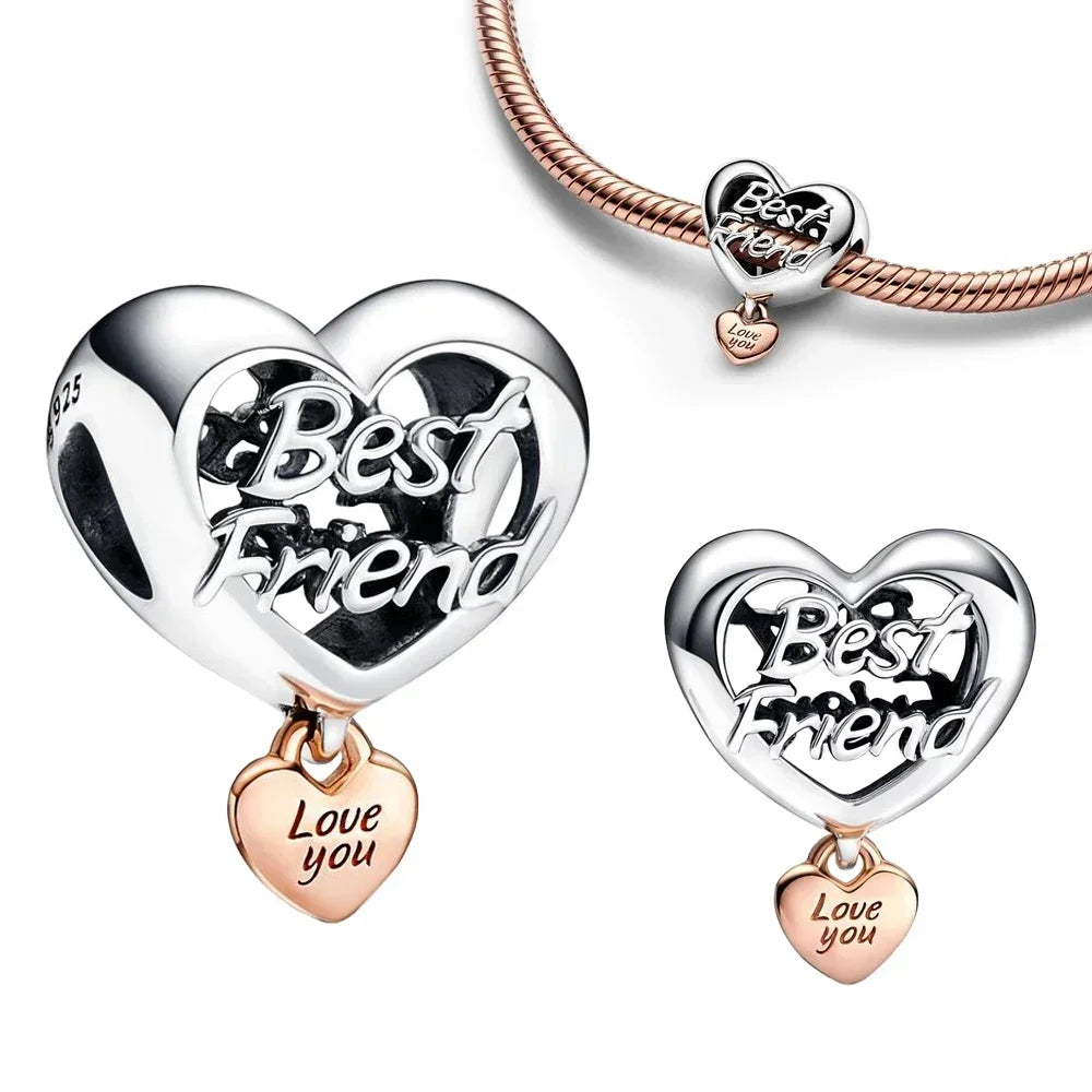 Original 925 Sterling Silver Four Leaf Clover and Heart Double Dangle Charm for Necklace and Bracelet Friendship Jewelry with Zircon Accents