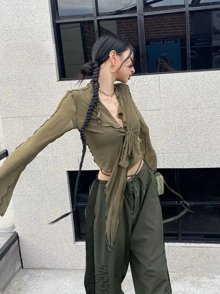 Long Flare Sleeve Lace Up Mesh Blouse Korean Fashion Chic