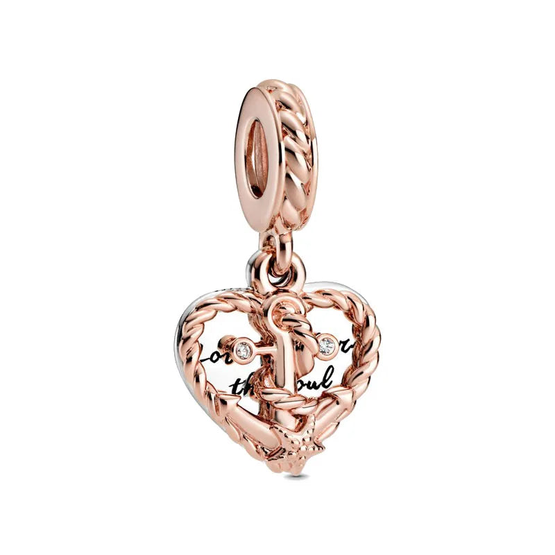 Rose Gold Padlock Heart Key Pendant Necklace for Women 925 Silver with Zircon Beads P481