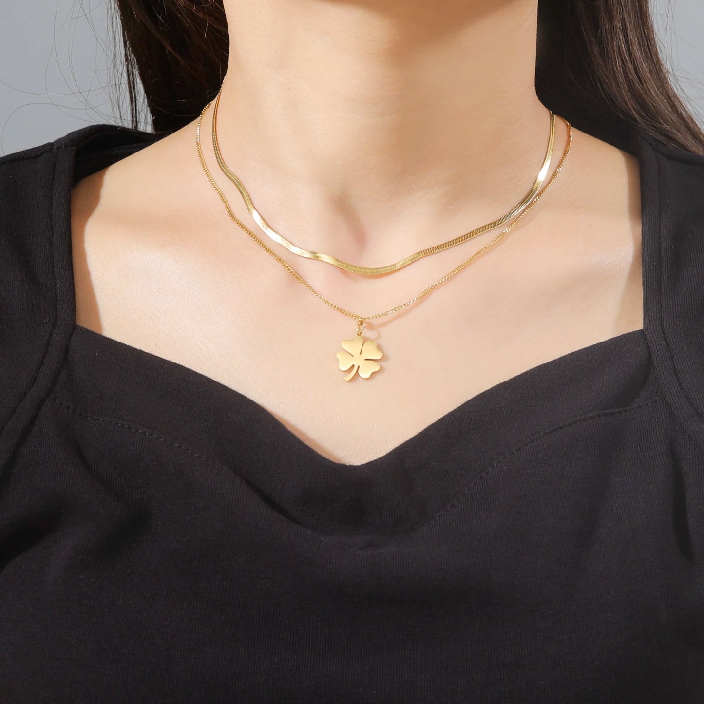 Cazador 2025 Lucky Clover Pendant Necklace Gold Color Double Layer Stainless Steel Jewelry for Women and Girls
