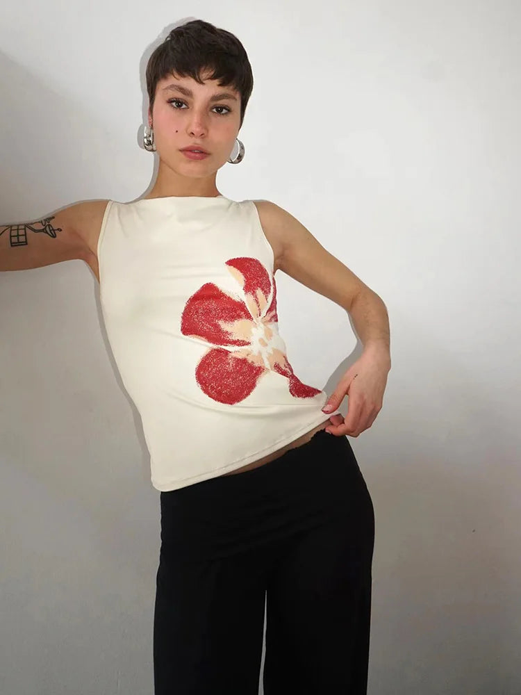 2025 Women Fitted Floral Crop Tank Boat Neck Summer Top