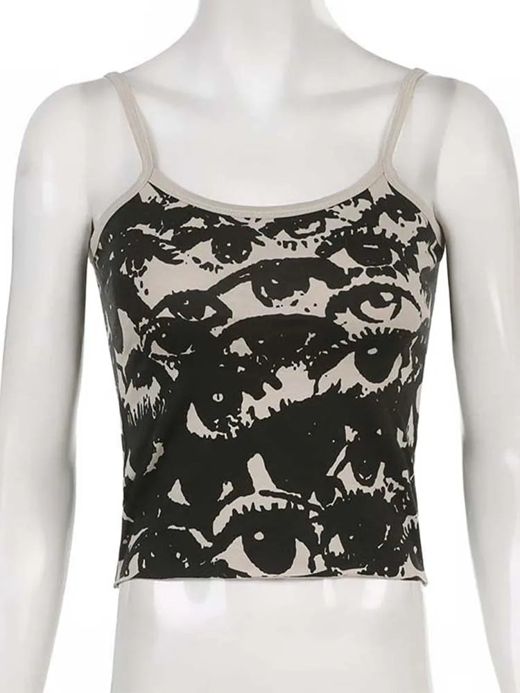 Gothic Portrait Print Tee Y2K Crop Top With White Suspenders