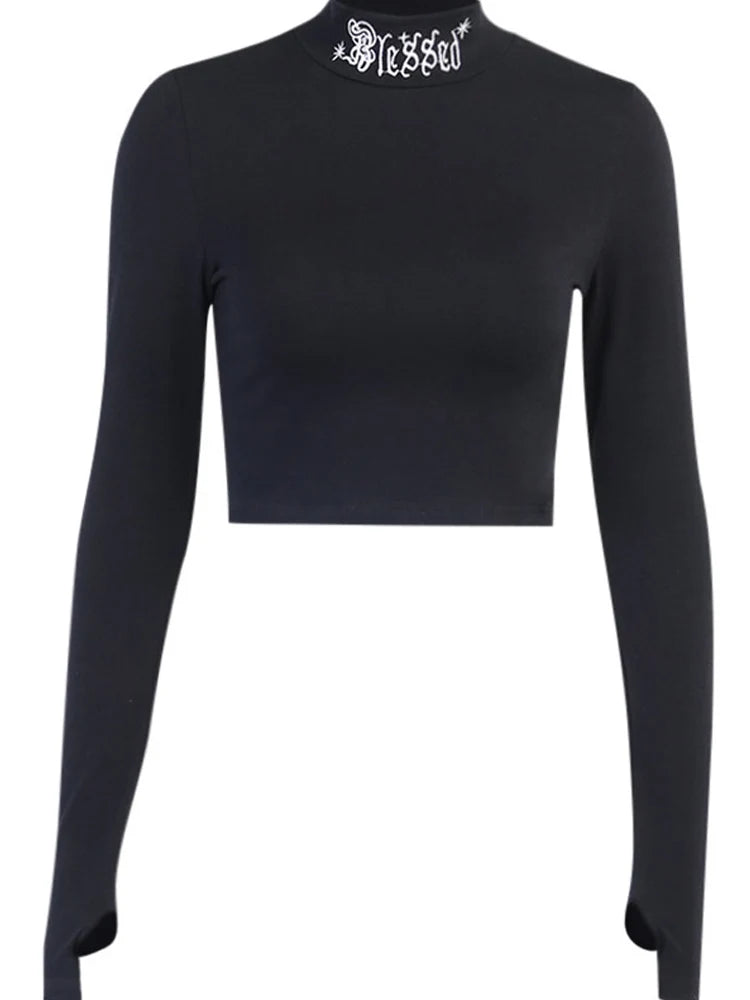 Blessed Gothic Harajuku Embroidered Black Bodycon Crop Top