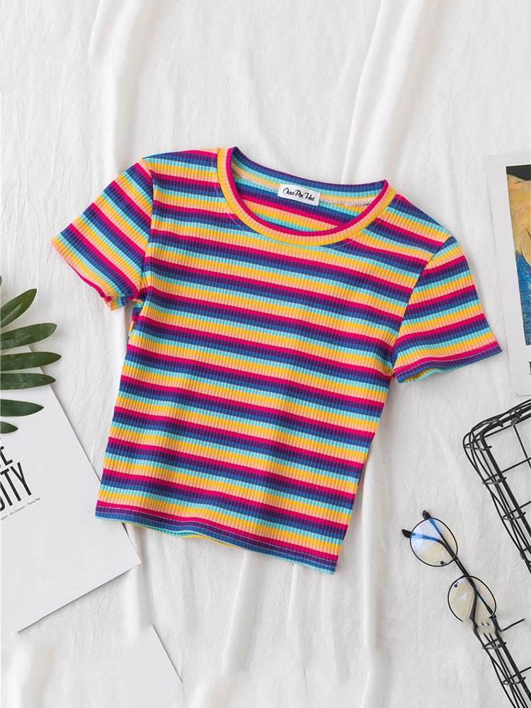 Rainbow Stripe Slim Fit Women T Shirt Short Sleeve Harajuku