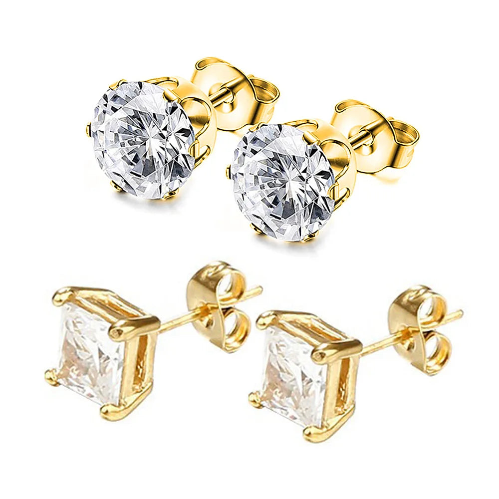 Hypoallergenic 316L Stainless Steel Square Round CZ Stud Earrings Set for Sensitive Ears Unisex 3-8MM