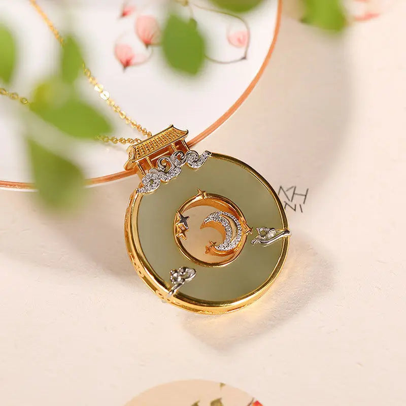 Natural Hetian Jade Pendant Necklace with Crystal Inlay Elegant Ladies Jewelry