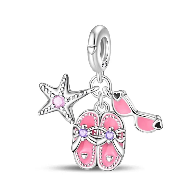 Sterling Silver Pink Blossom Dangle Charm with Butterfly Heart Flower Rose and Bird Bead for DIY Necklace and Bracelet Jewelry