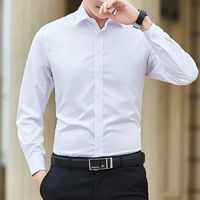New Plus Size Men Solid Color Business Shirt Slim White Long Sleeve WHITE