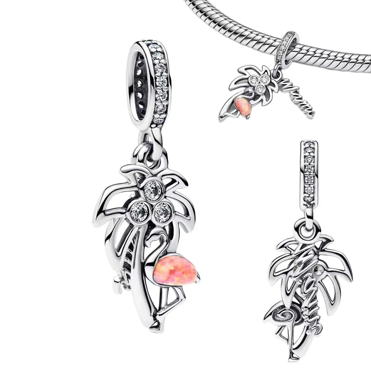 Original 925 Sterling Silver Four Leaf Clover and Heart Double Dangle Charm for Necklace and Bracelet Friendship Jewelry with Zircon Accents