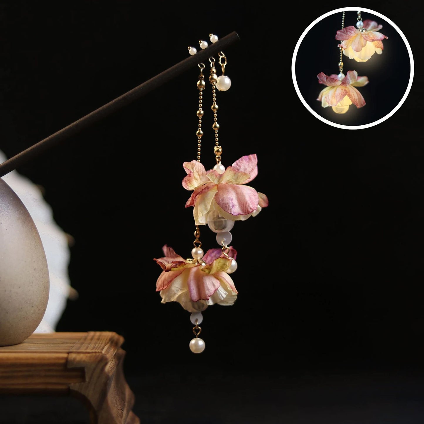 Vintage Luminous Tassel Hairpin Wooden Hanfu Hair Stick Elegant Chinese Headdress Gift