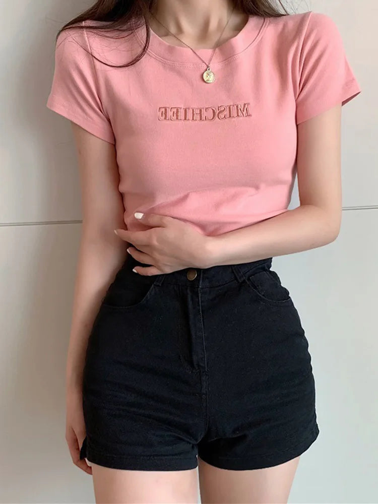 Dozw Cotton Embroidered Womens Slim Short Sleeve T Shirt