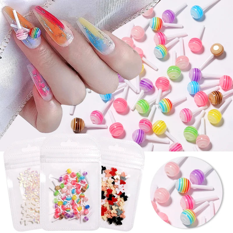 Kawaii Lollypop 3D Nail Art Charms Set with Resin Butterfly and Bear Rhinestones