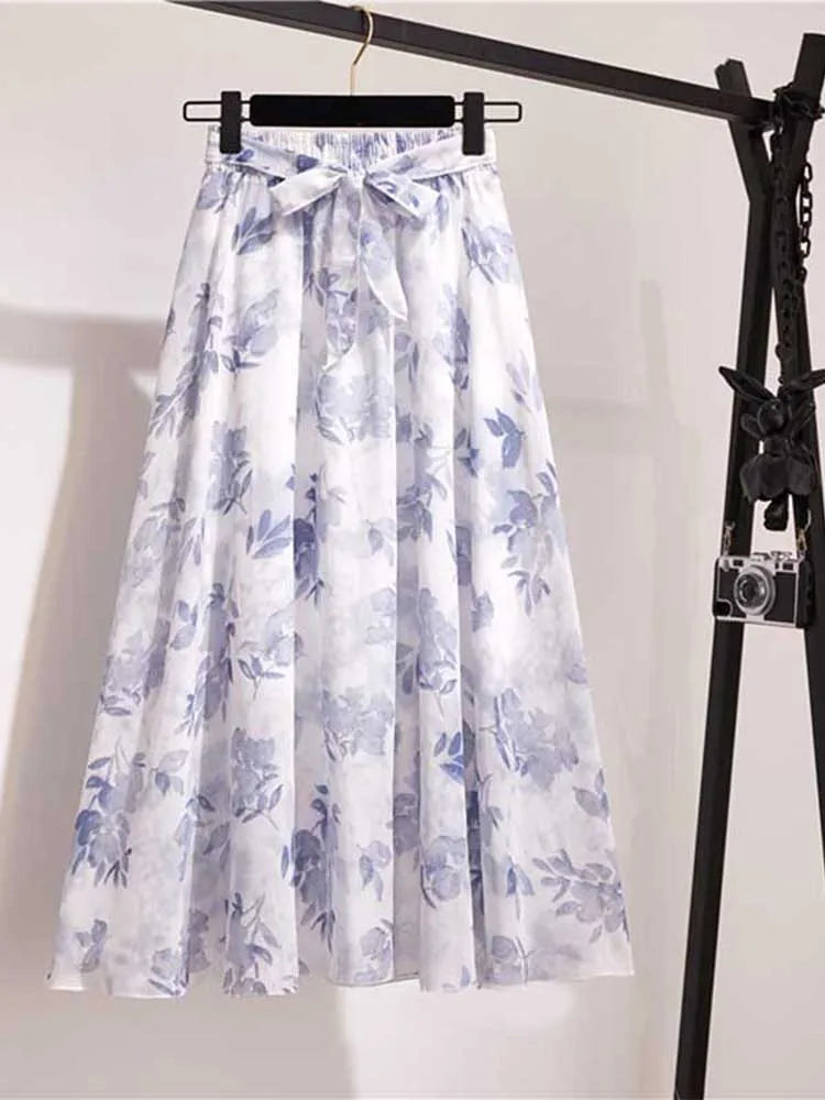 Chiffon Midi Skirt Women High Waist Korean Style White