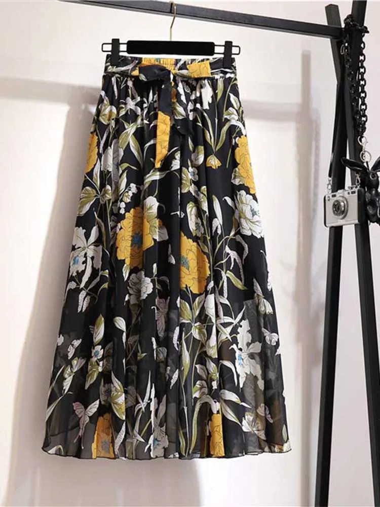Chiffon Midi Skirt Women High Waist Korean Style White