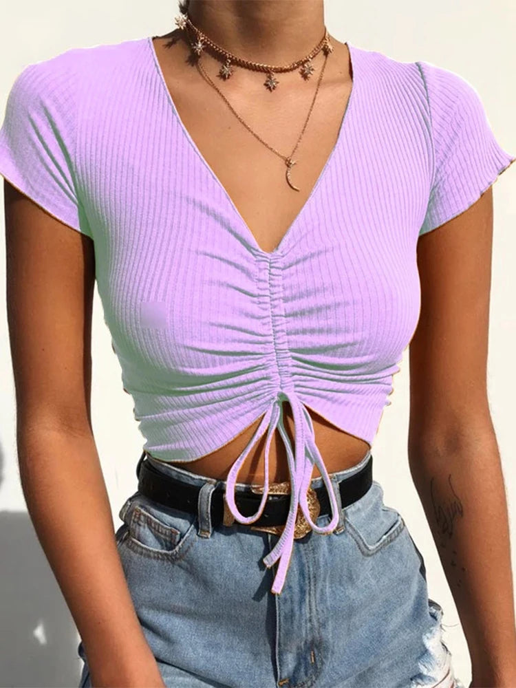 Women Candy Colors V Neck Cropped Tank Top Drawstring Tie