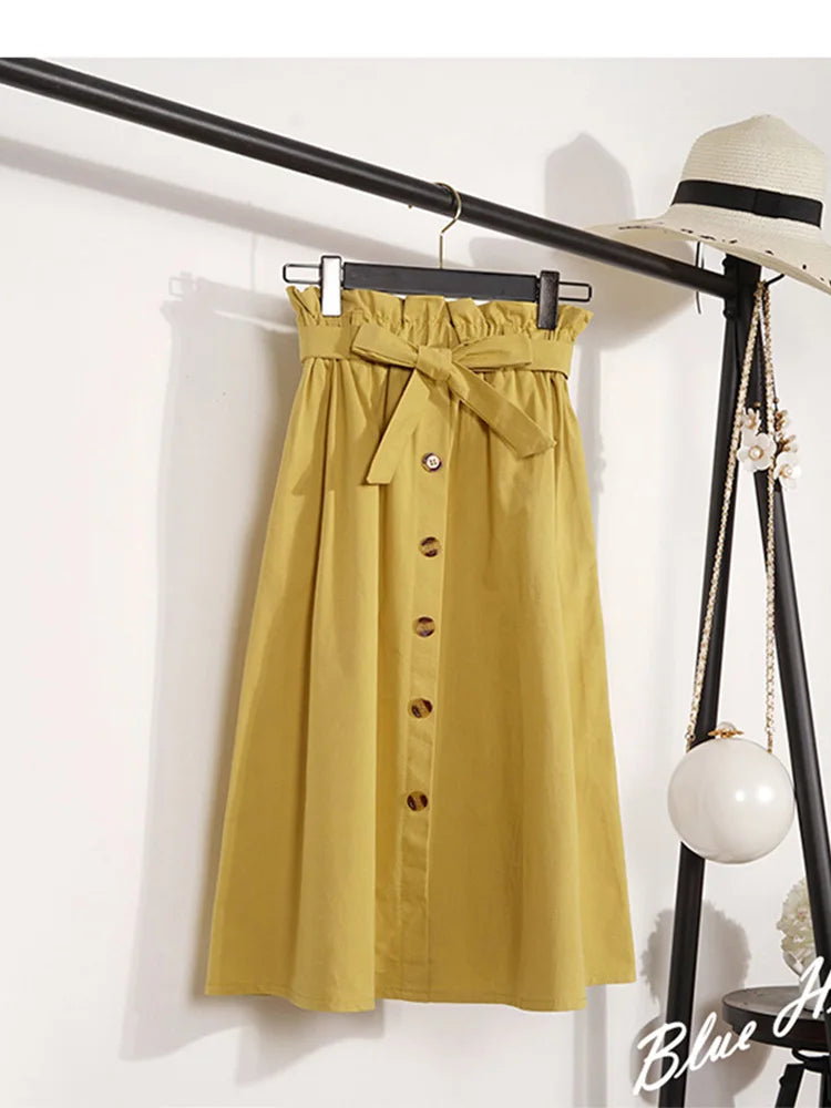 Summer Autumn Midi Pleated High Waist Button Skirt Women