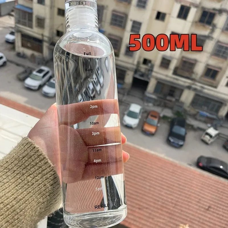 Large Portable Glass Water Bottle With Time Marker