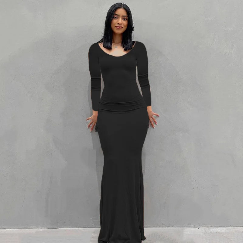 2024 Summer Dresses For Women Sexy Black Spaghetti Strap Maxi Black-Long Sleeve