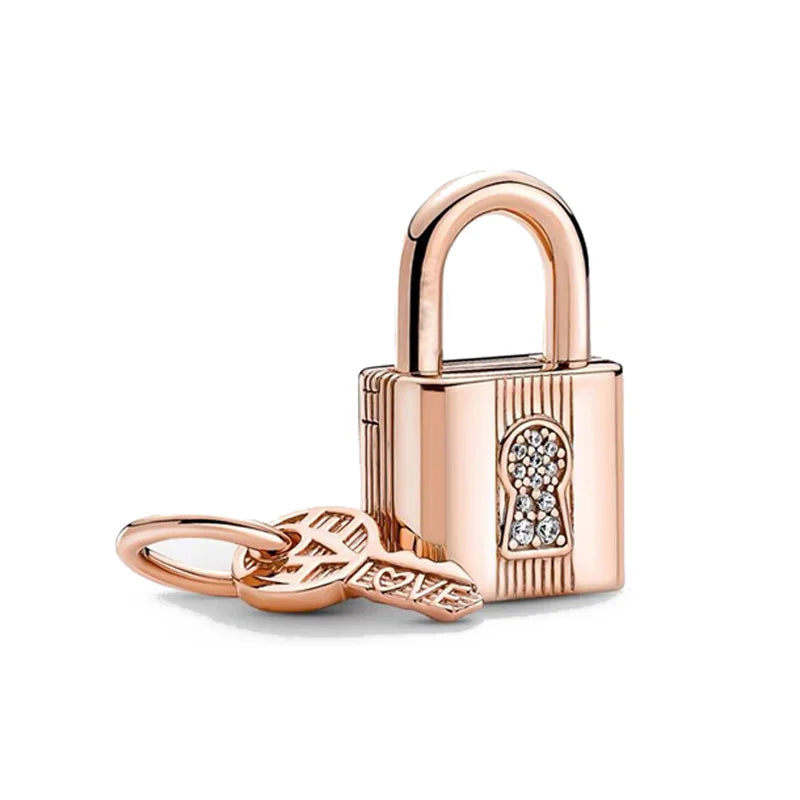 Rose Gold Padlock Heart Key Pendant Necklace for Women 925 Silver with Zircon Beads P1023