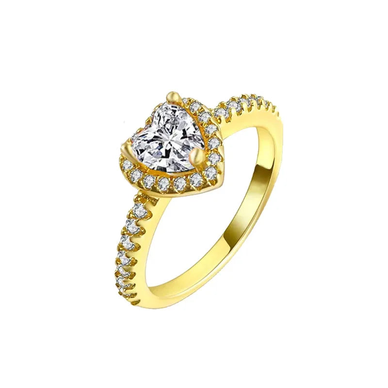 Elegant Gold Tone 925 Sterling Silver Heart Crown Ring for Women Beige