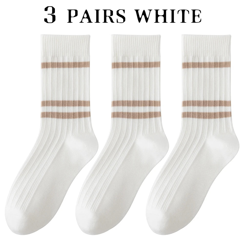 3 Pairs Retro Athletic Mid Calf Double Knit Socks Women