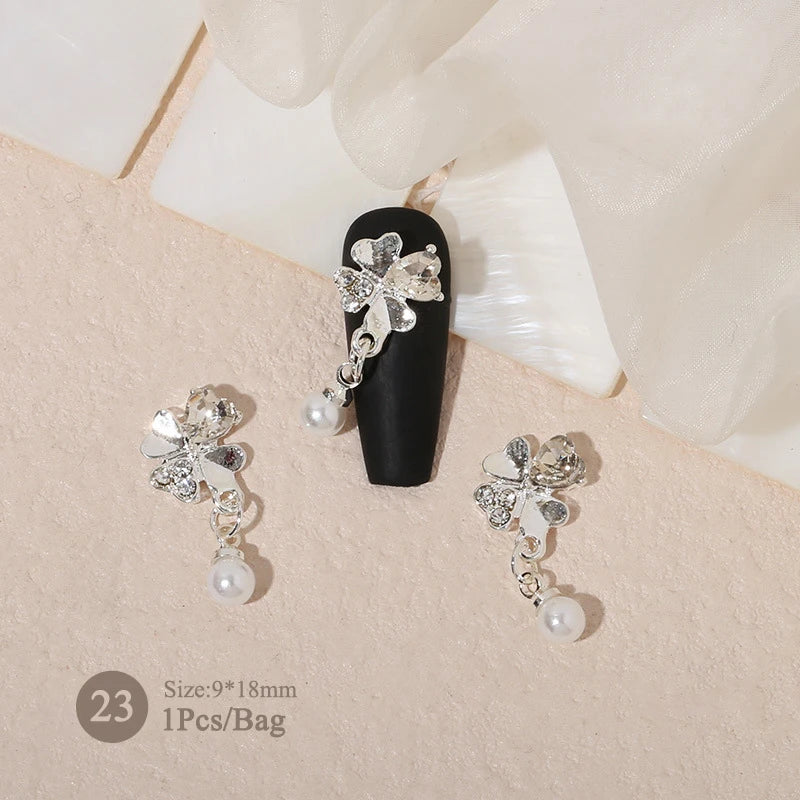 Elegant Gold Silver Metal Bowknot Nail Charm 3D Rhinestone Decor for DIY Manicure Art