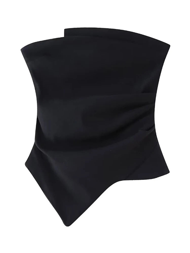 Women Fashion Strapless Pleats Asymmetrical Top Female Casual Sexy Slim Fitting Side Zipper Solid Crop Top