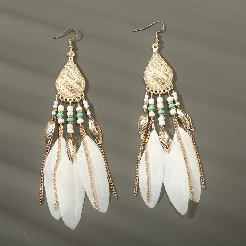 Bohemian Long Feather Drop Earrings with Tassel Beads and Enamel Flowers for Women