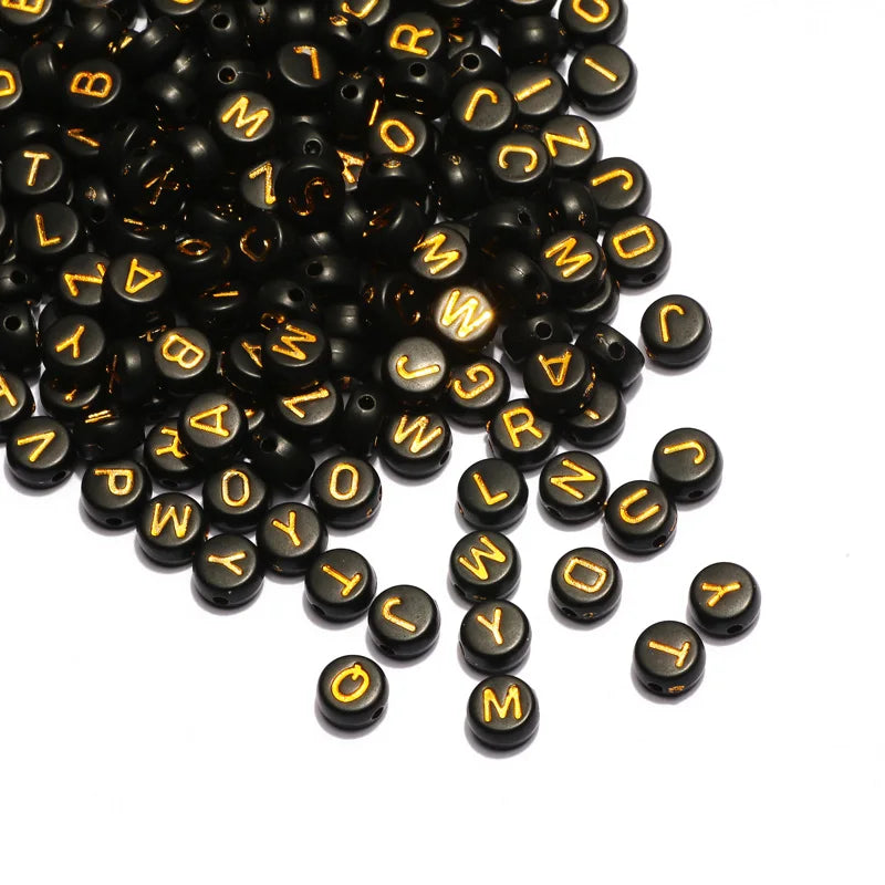 Gold Color Acrylic Spacer Beads with Black Letter Charms for Jewelry Making and DIY Crafts