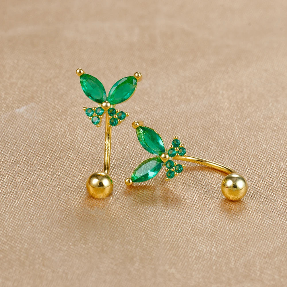 Stainless Steel Green Crystal Butterfly Earring Minimalist U-Shape Helix Studs for Tragus and Cartilage Piercing