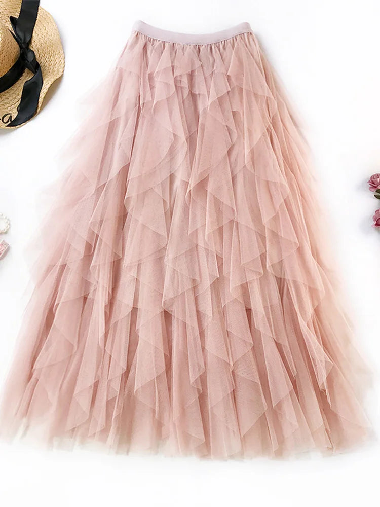 Korean Style Tutu Tulle Long Maxi Skirt For Women High Waist