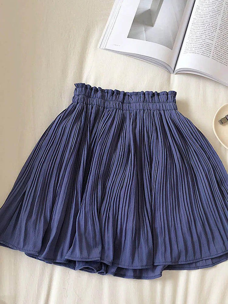 Chiffon Pleated Mini Skirt Elastic Waist Korean Beach 2025