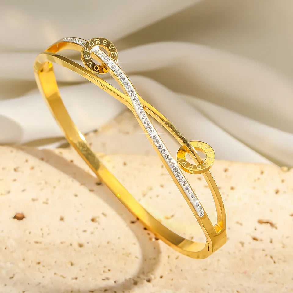 Gold Crystal Nail Head Cross Stainless Steel Women's Cuff Bracelet