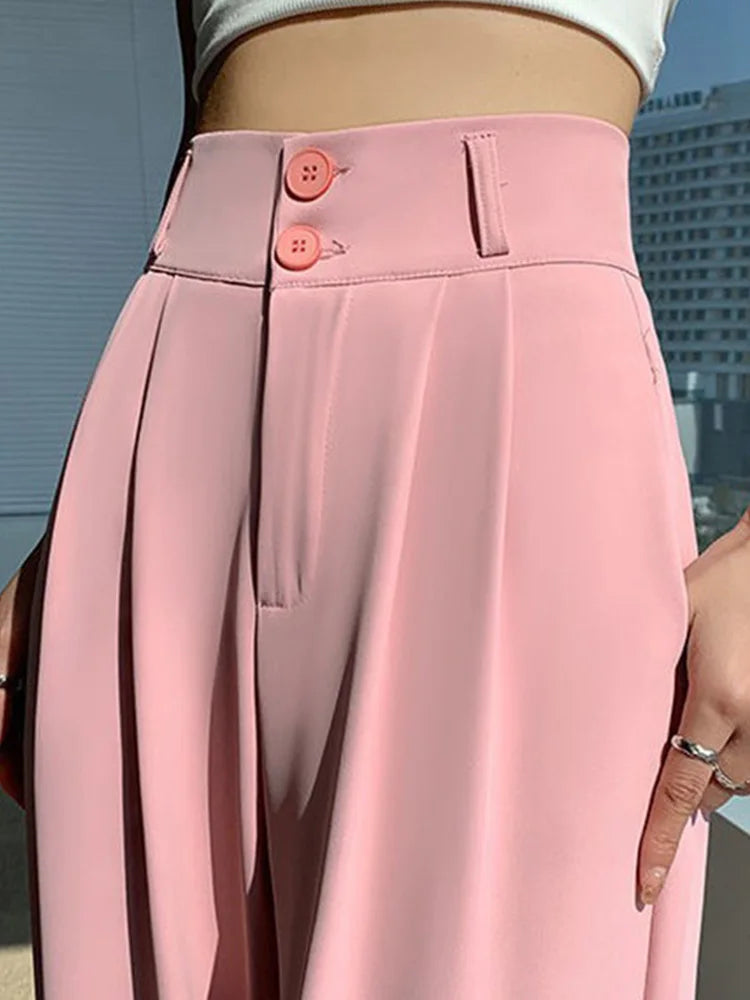 High Waist Wide Leg Pants Women Coffee Autumn Double Buttons