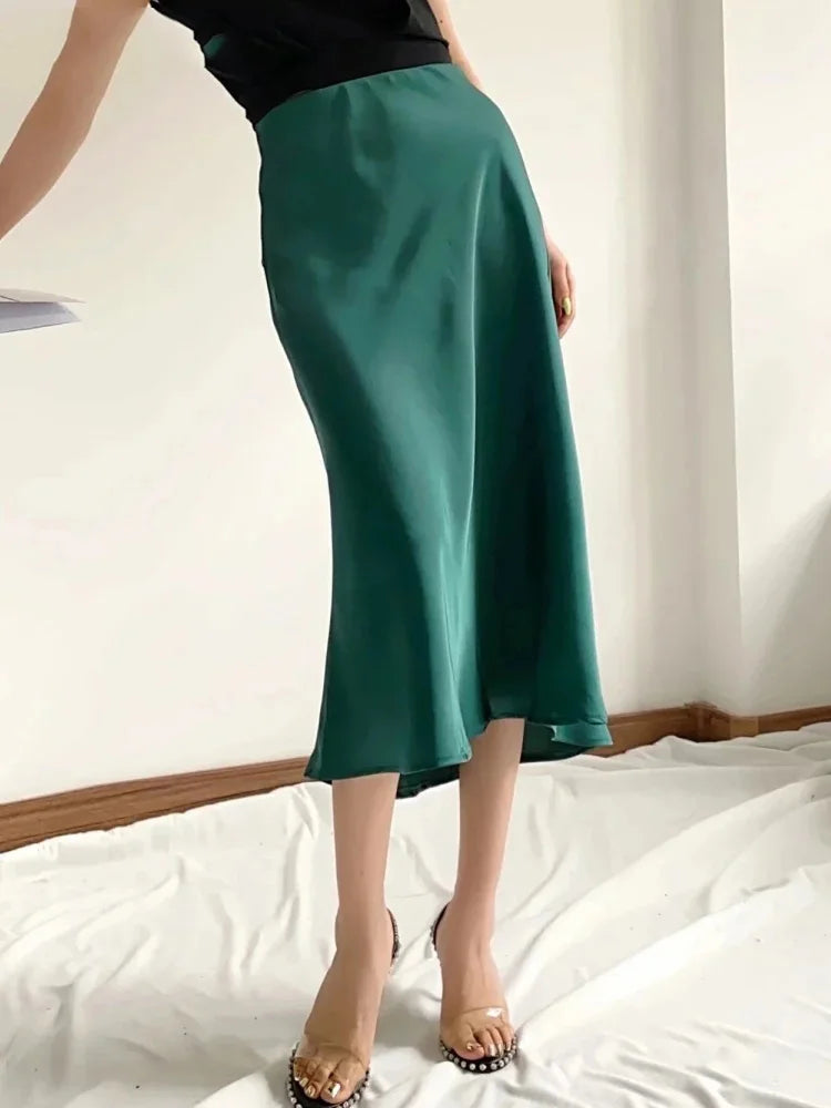 Satin A Line Skirt With Elastic Waist For Women Summer