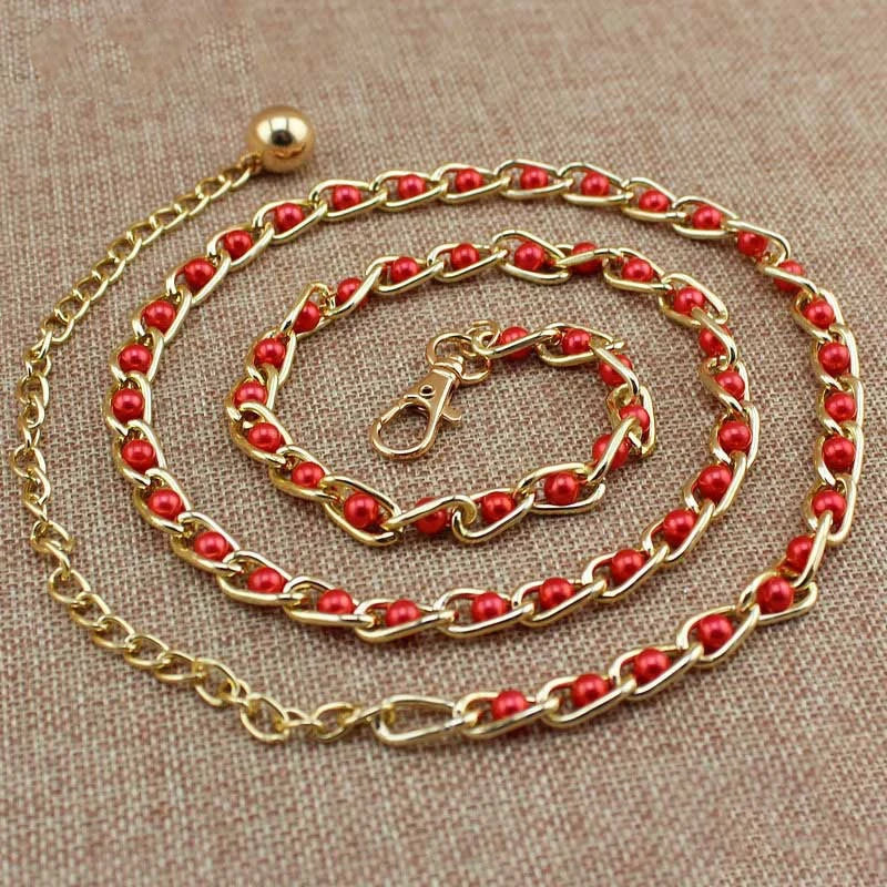 Women Pearl Thin Metal Waist Chain Belt Versatile Fashion