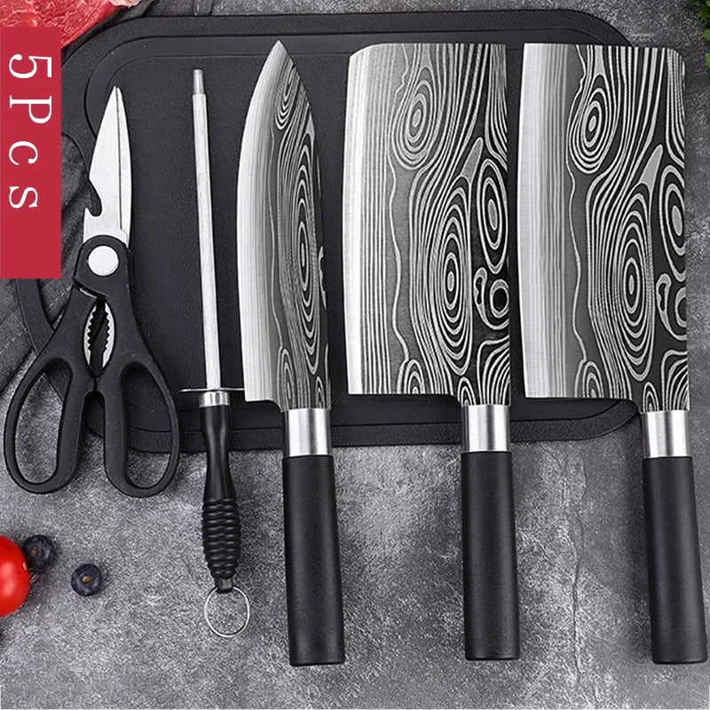 Laser Damascus Pattern Stainless Steel Kitchen Knife Set With Scissors And Sharpening Rod For Precision Cutting And Chef Use