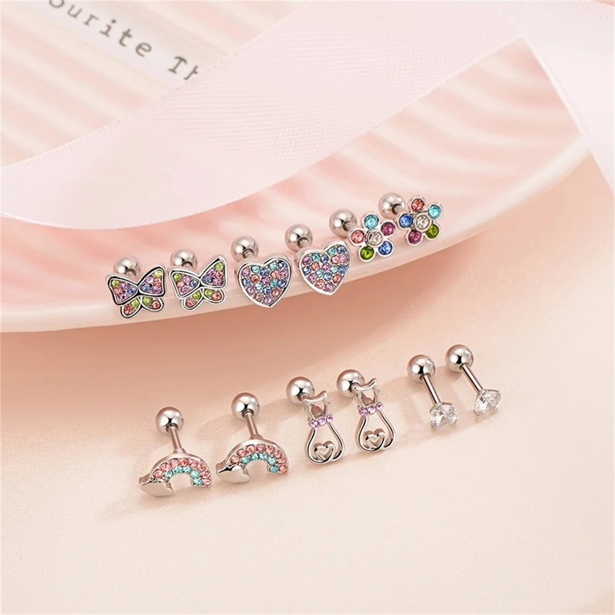 Chic Stainless Steel Stud Earrings Set with Cubic Zirconia and Cute Motifs