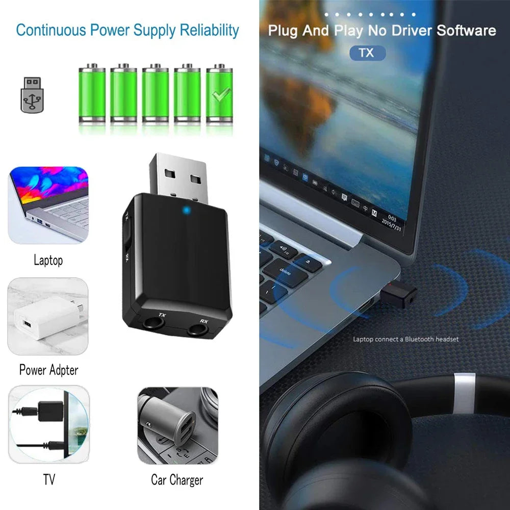 CMAOS Bluetooth 5.0 3 in 1 USB Transmitter Receiver Adapter with 3.5mm AUX for TV PC Headphones and Home Stereo Audio