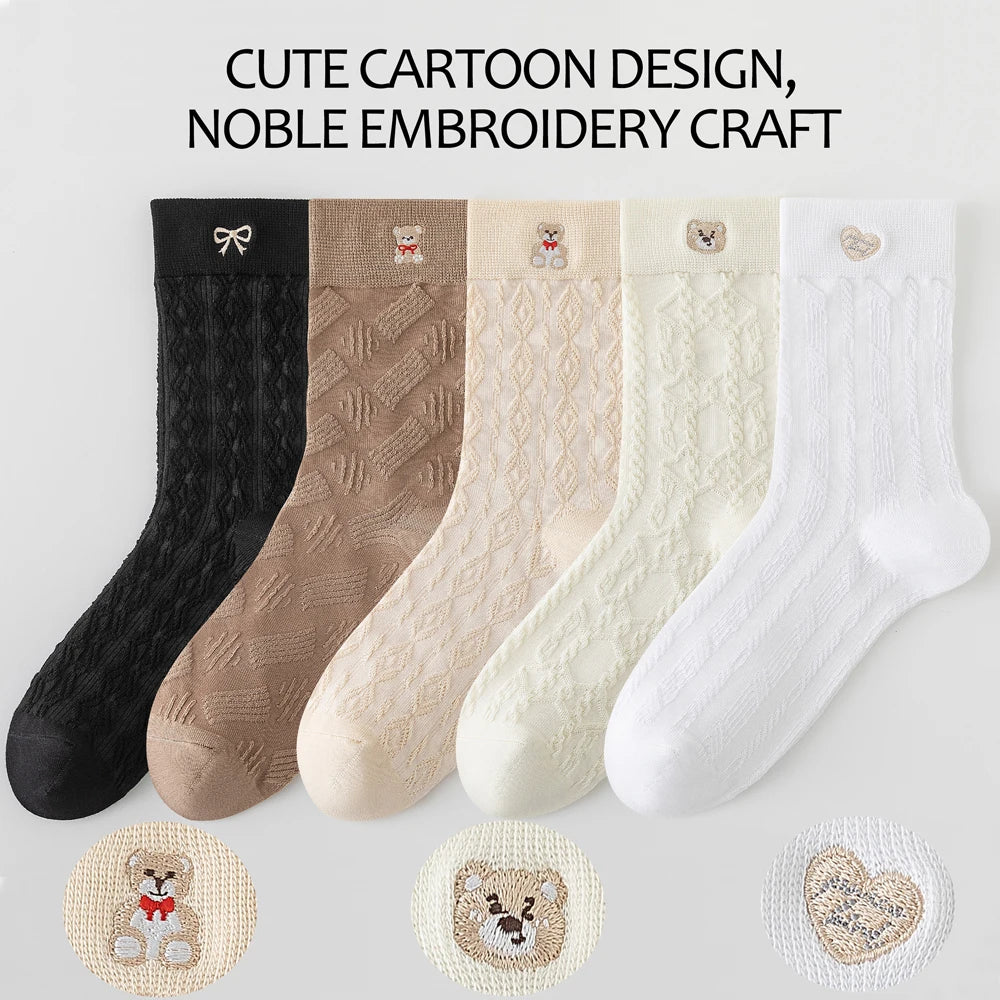 Kawaii Japanese Embroidered Cotton Mid Calf Socks 5 Pairs