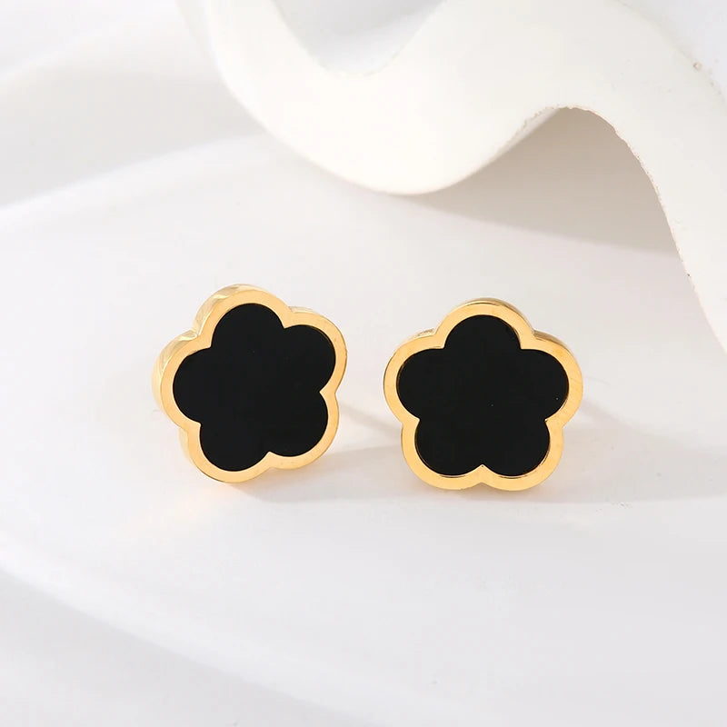 Ganemly 316L Stainless Steel Black Five Leaf Clover Stud Earrings for Women Trendy Waterproof Ear Jewelry Gift